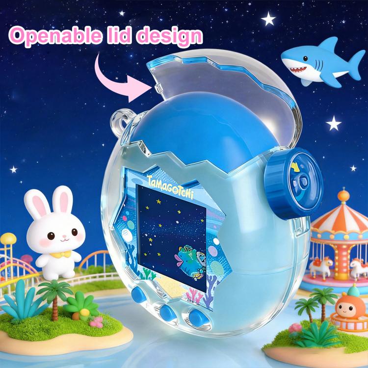Openable-lid crystal protective case, blue clear oval shell with hinge and front buttons