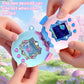 Two-tone virtual pet protective cases in light blue and pink, hands pressing buttons
