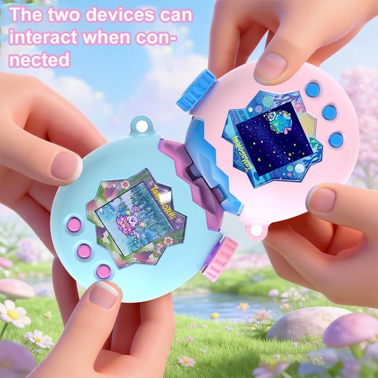 Two-tone virtual pet protective cases in light blue and pink, hands pressing buttons