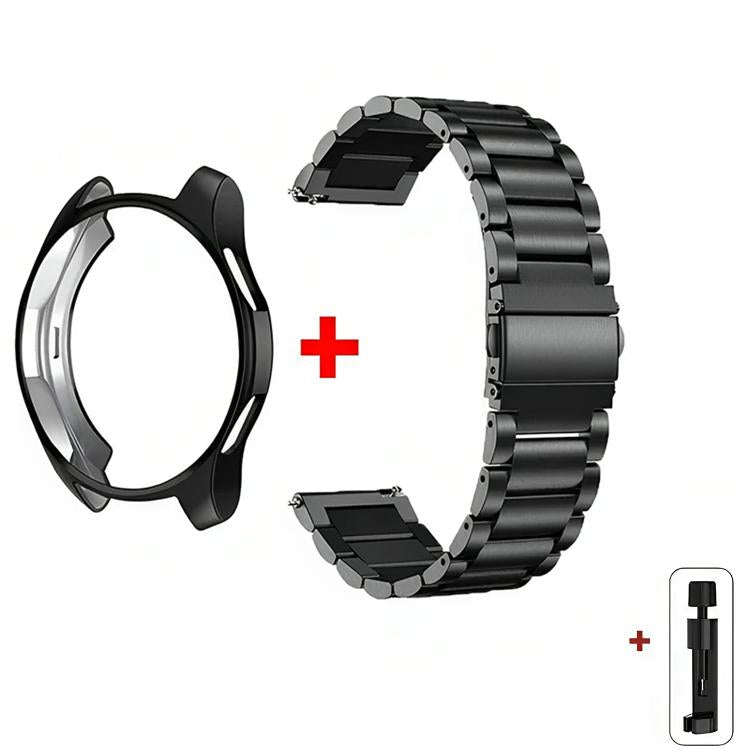 Black stainless steel watch band with matching semi-enclosed case and link tool