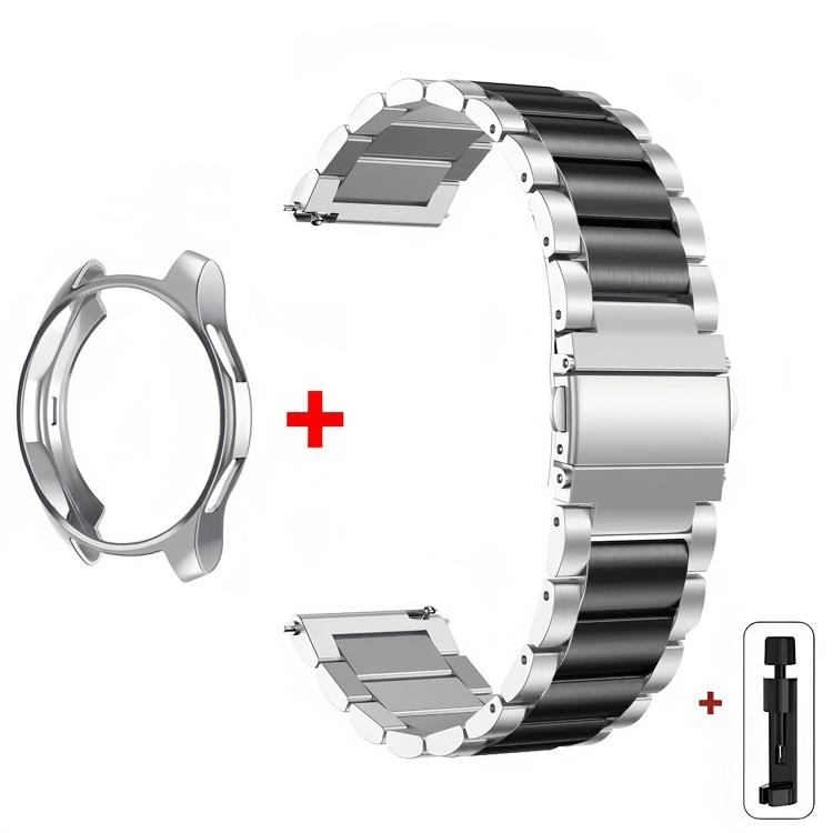 Silver and black stainless steel watch band with case and link tool