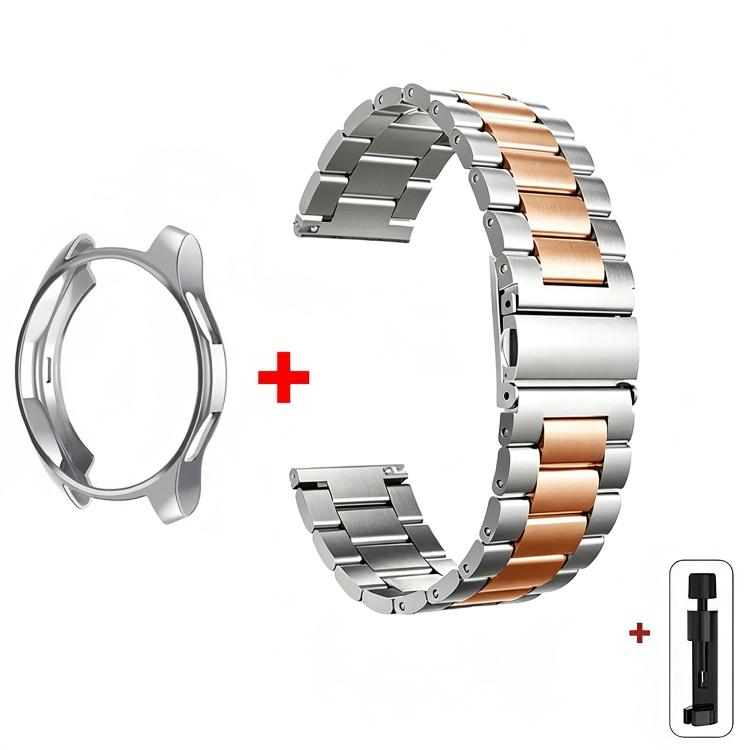 Two-tone stainless steel watch band with silver and rose gold links, case and link remover
