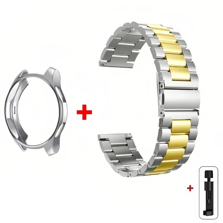 Two-tone stainless steel watch band with silver case, gold center links, and link remover