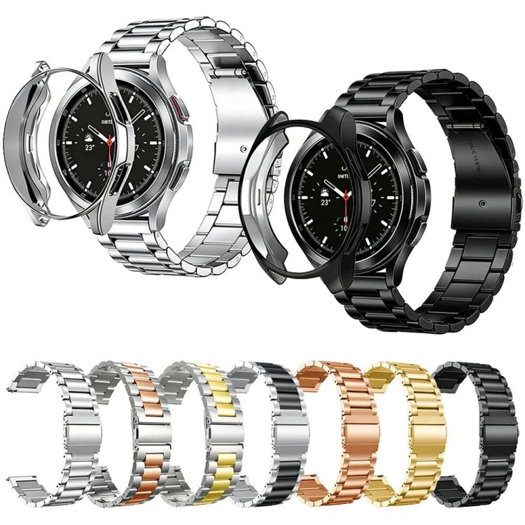 Stainless steel watch band and semi-enclosed case shown in several color combinations