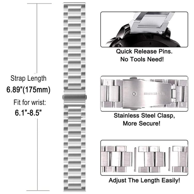 Silver stainless steel watch band with quick-release pins, clasp, and adjustable links