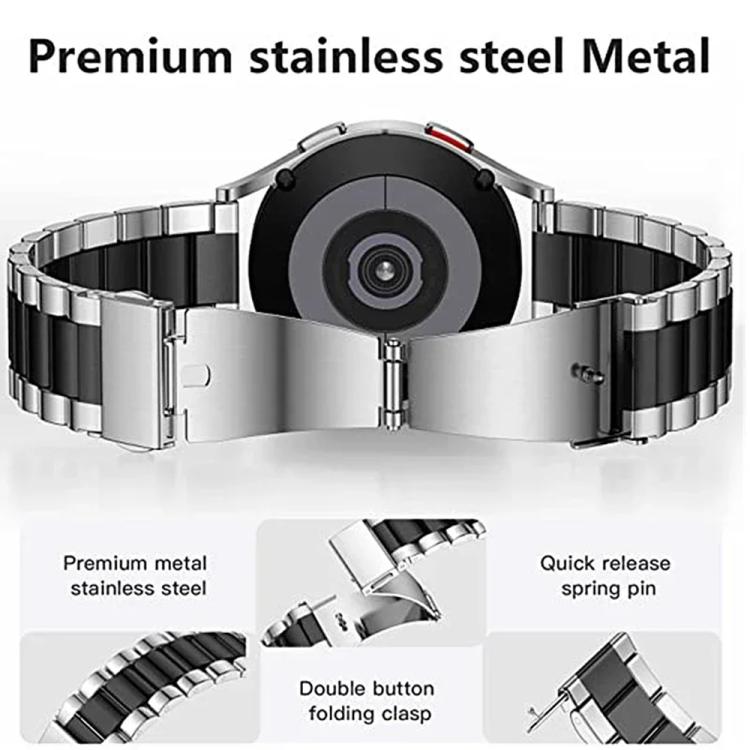 Silver and black stainless steel watch band with folding clasp and quick-release pins
