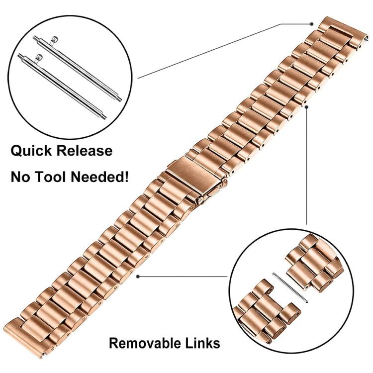 Rose gold stainless steel watch band with removable links and quick-release pins