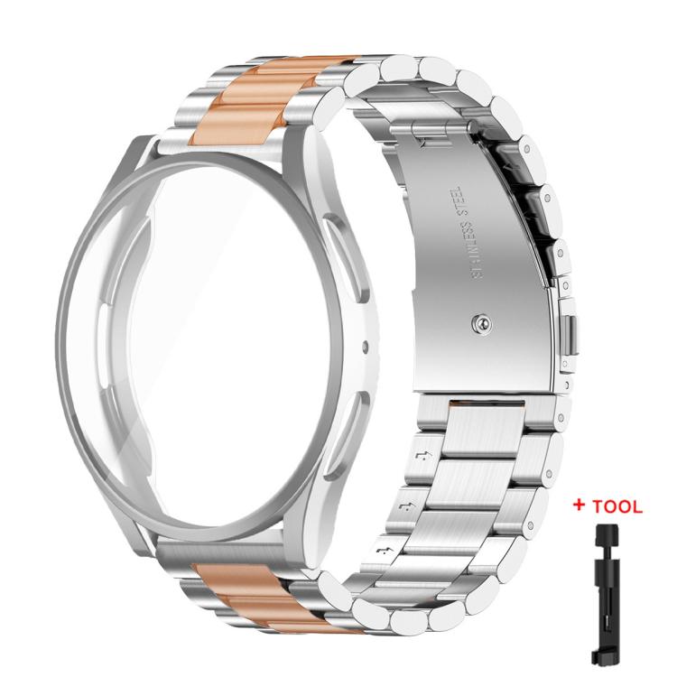 Silver watch band with rose gold links, clear TPU case, and sizing tool