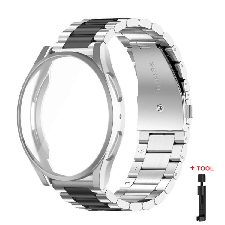Silver and black stainless steel watch band with protective case and link removal tool