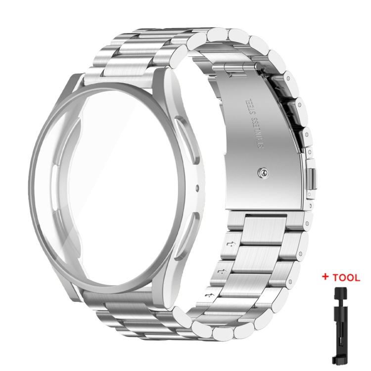 Silver stainless steel watch band with clear full-coverage case and link removal tool