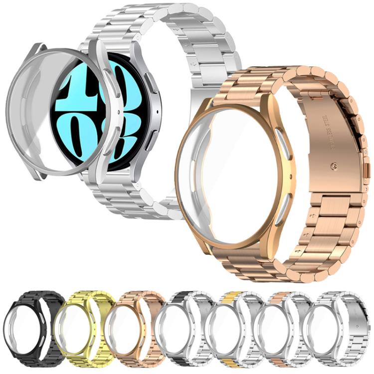 Stainless steel watch band and TPU case shown in multiple colors, with a watch fit example