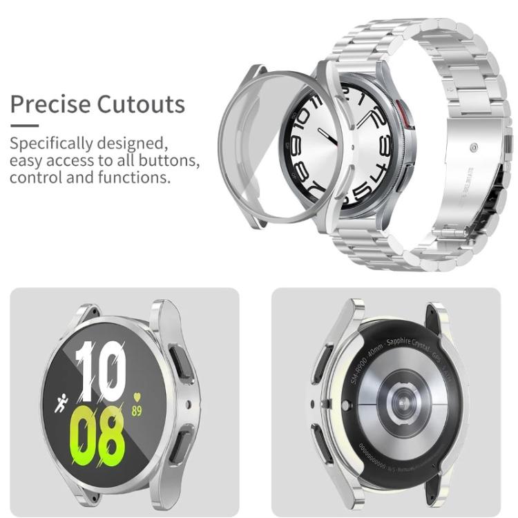 Silver watch band and TPU case with cutouts for buttons and rear sensors