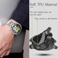 Silver watch band on wrist beside a black TPU case with accessible controls