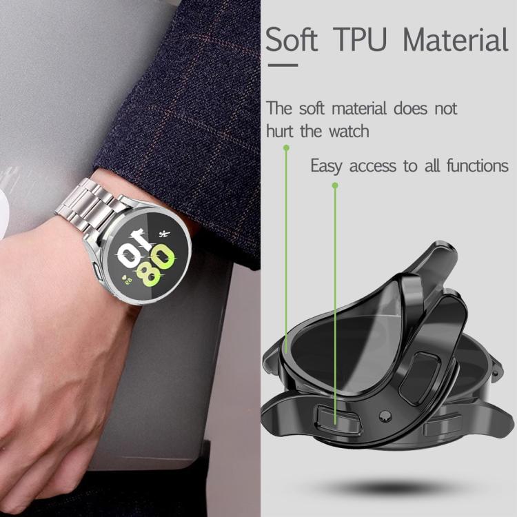 Silver watch band on wrist beside a black TPU case with accessible controls