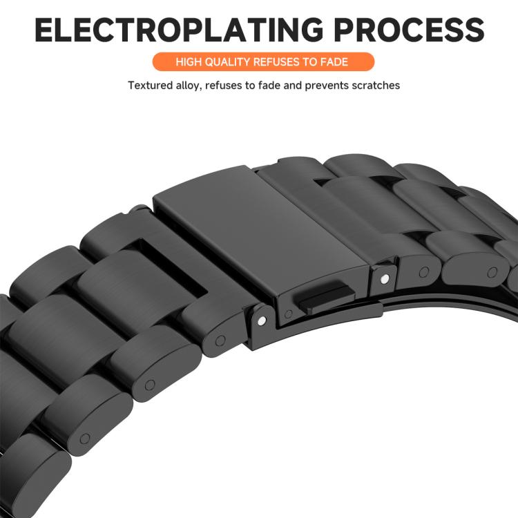 Close-up of black stainless steel watch band links and clasp