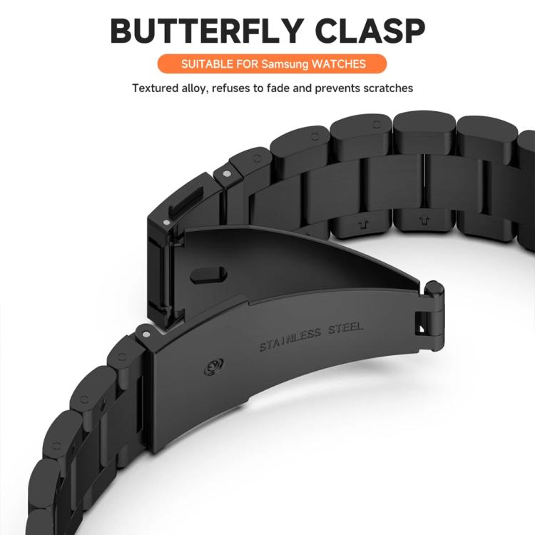 Black stainless steel watch band with butterfly clasp, shown open