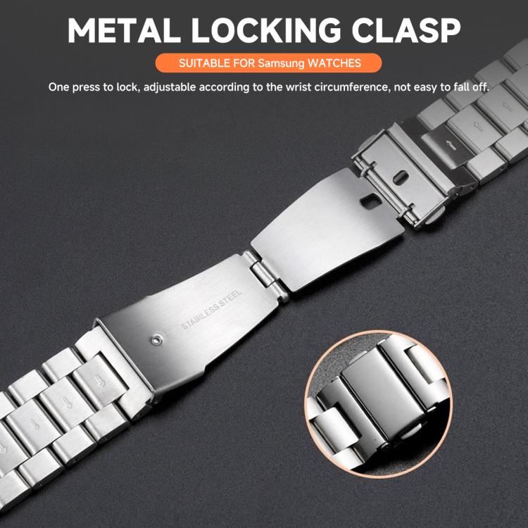 Silver stainless steel watch band with metal locking clasp and close-up detail