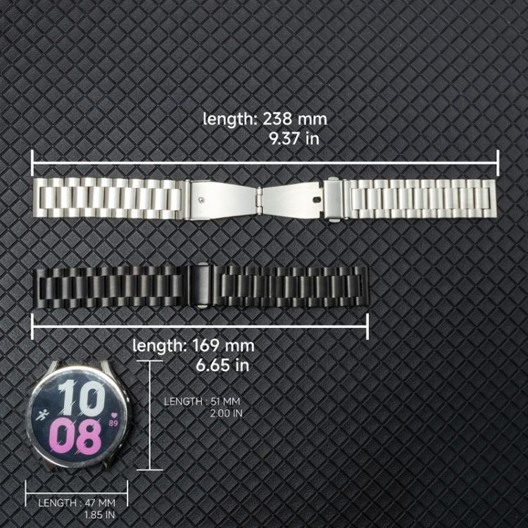 Silver and black stainless steel watch bands shown beside a watch for size reference