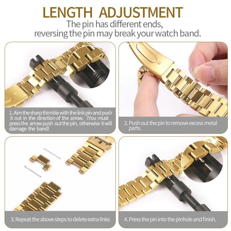 Gold stainless steel watch band link adjustment steps using a pin tool