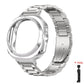 Silver stainless steel watch band with clear protective case and link removal tool