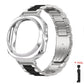 Silver and black stainless steel watch band with protective case and link tool