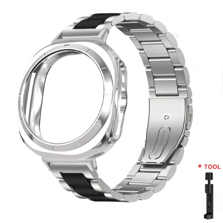 Silver and black stainless steel watch band with protective case and link tool
