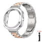 Silver and rose gold stainless steel watch band with protective case and link tool
