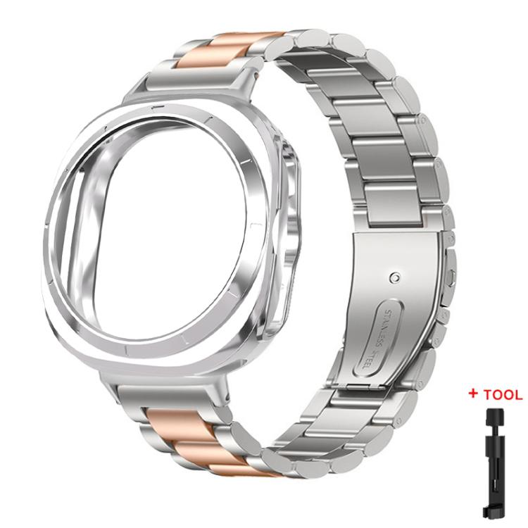 Silver and rose gold stainless steel watch band with protective case and link tool
