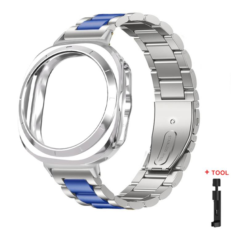 Silver and blue stainless steel watch band with protective case and link tool