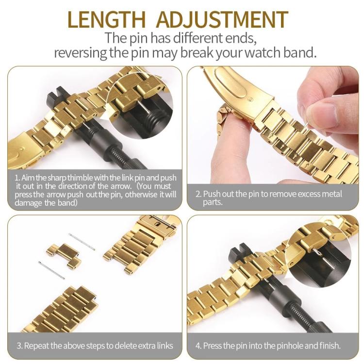 Gold stainless steel watch band with a link remover tool for adjusting the length