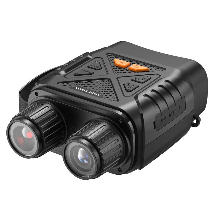 Black binocular-style digital night vision device with dual front lenses and orange buttons