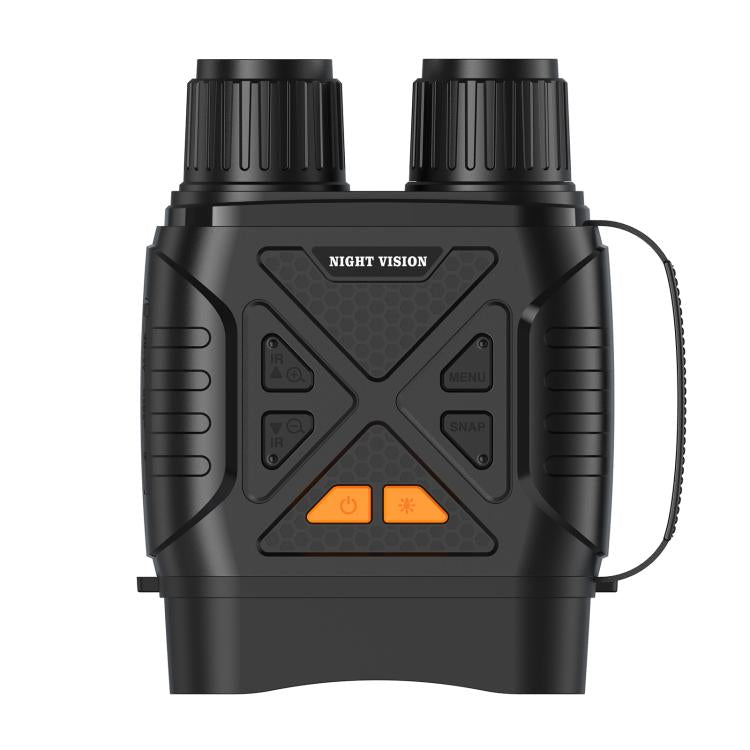 Front view of black night vision binocular device with orange control buttons