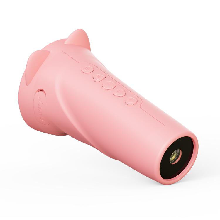 Pink digital monocular telescope with front lens opening and textured side button strip