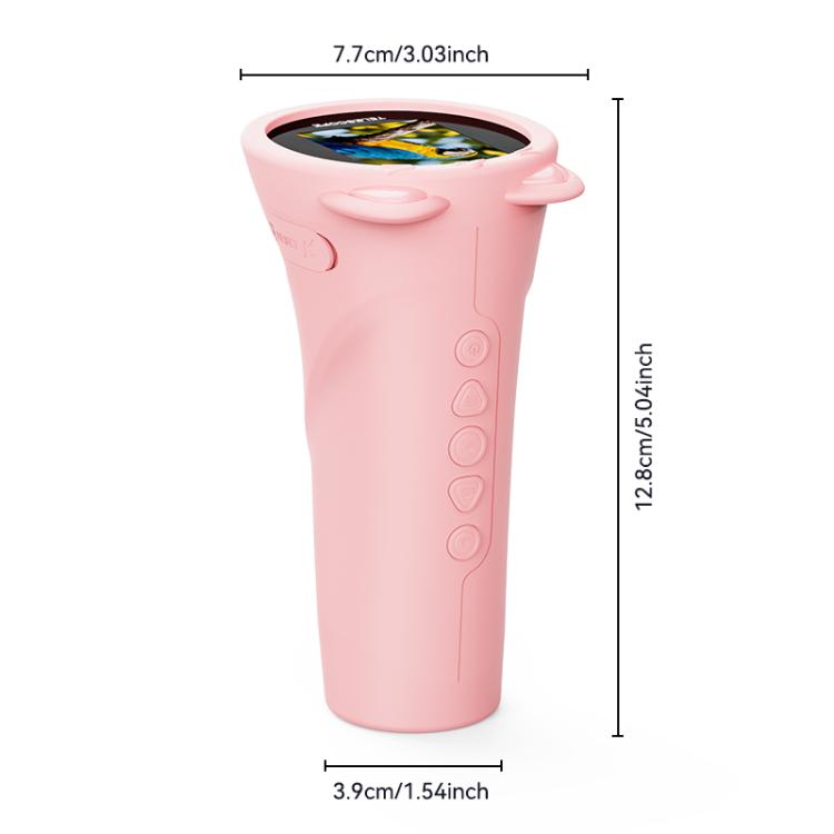 Pink kids digital monocular telescope front view with round display screen and buttons