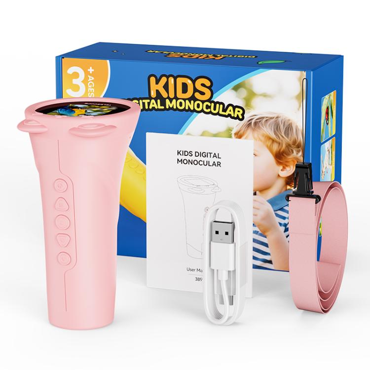 Pink kids digital monocular telescope shown in retail packaging