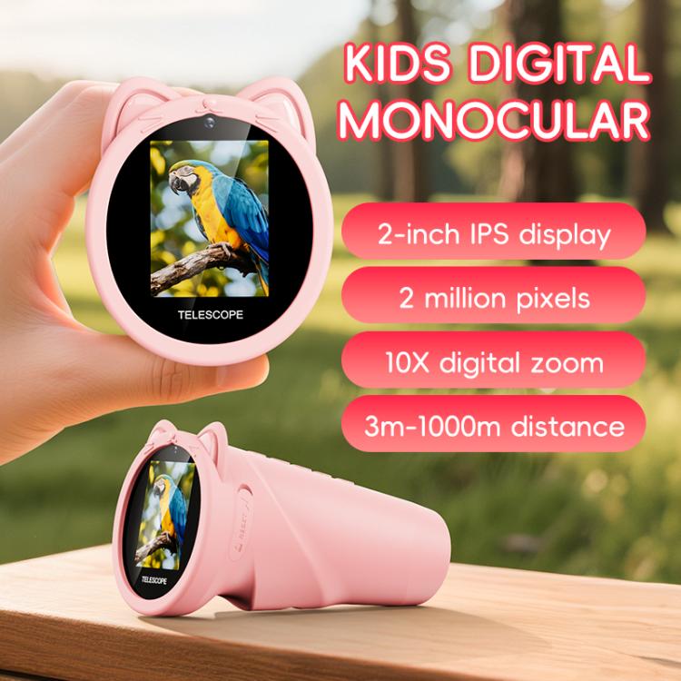 Pink kids digital monocular telescope with built-in screen display held in hand