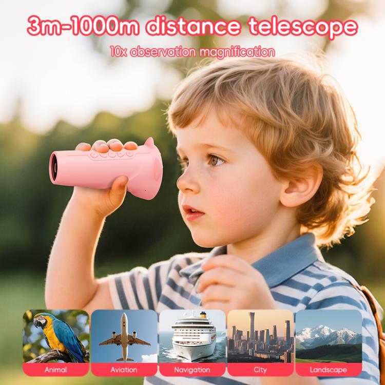 Pink kids digital monocular telescope held up by a child during outdoor use