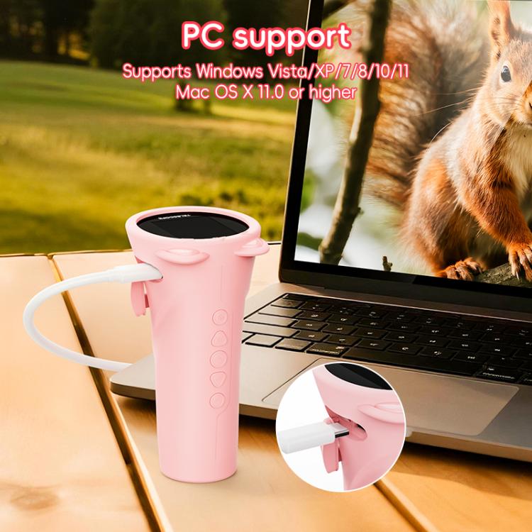 Pink digital monocular telescope connected to a laptop with a USB cable