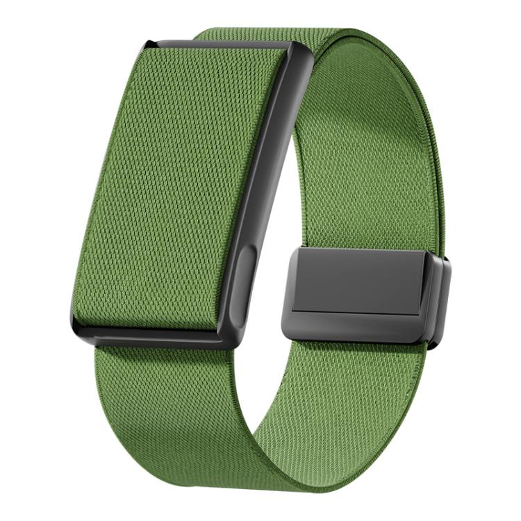 Army green stretch woven watch band with black metal frame and magnetic clasp