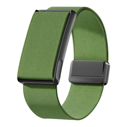 Army green stretch woven watch band with black metal frame and magnetic clasp