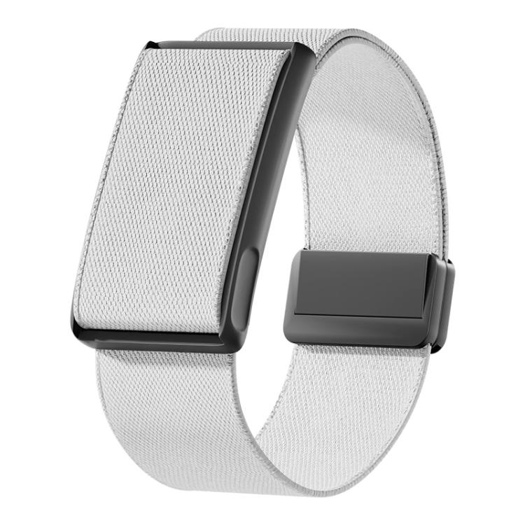 Light gray stretch woven watch band with black metal frame and magnetic clasp