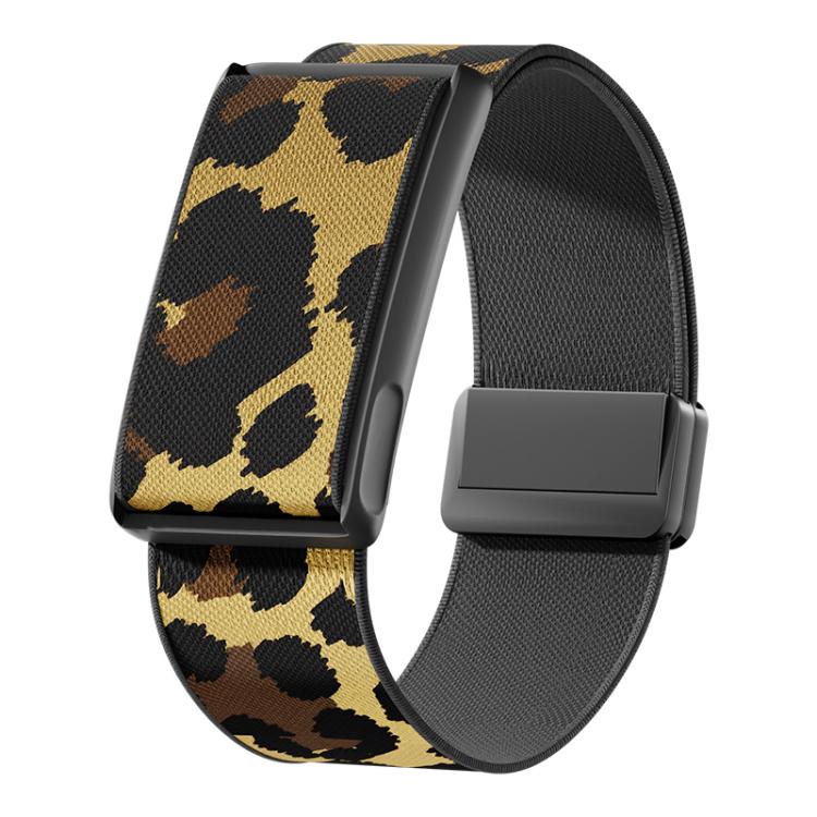 Black, brown, and tan leopard-print stretch watch band with magnetic clasp