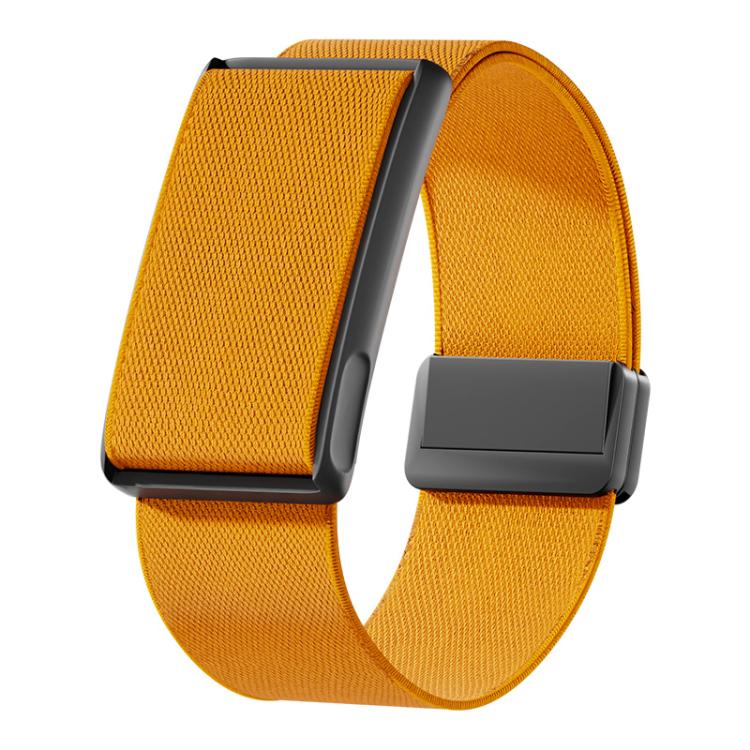 Orange stretch woven watch band with black metal frame and magnetic clasp