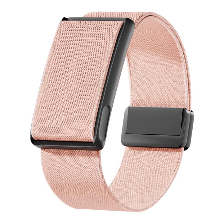 Pink stretch woven watch band with black metal frame and magnetic clasp
