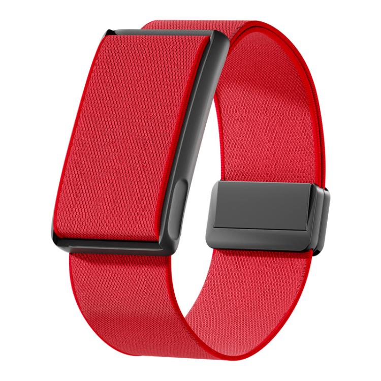 Red stretch woven watch band with black metal frame and magnetic clasp