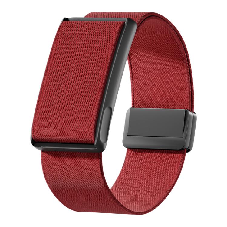 Red stretch woven watch band with magnetic clasp and black metal frame