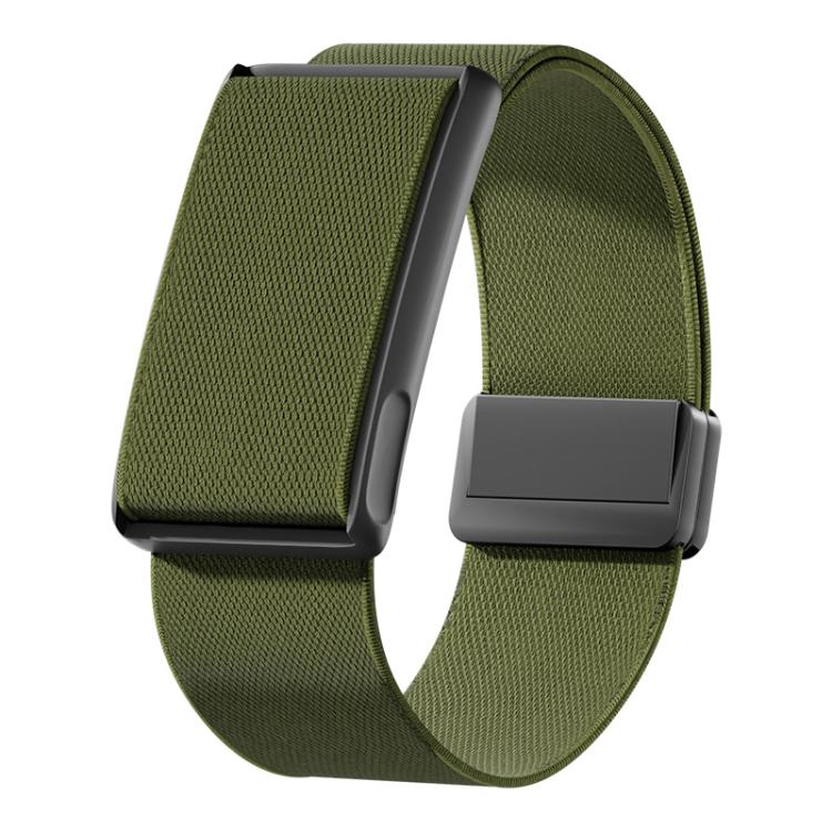 Olive green stretch woven watch band with magnetic clasp and black metal frame