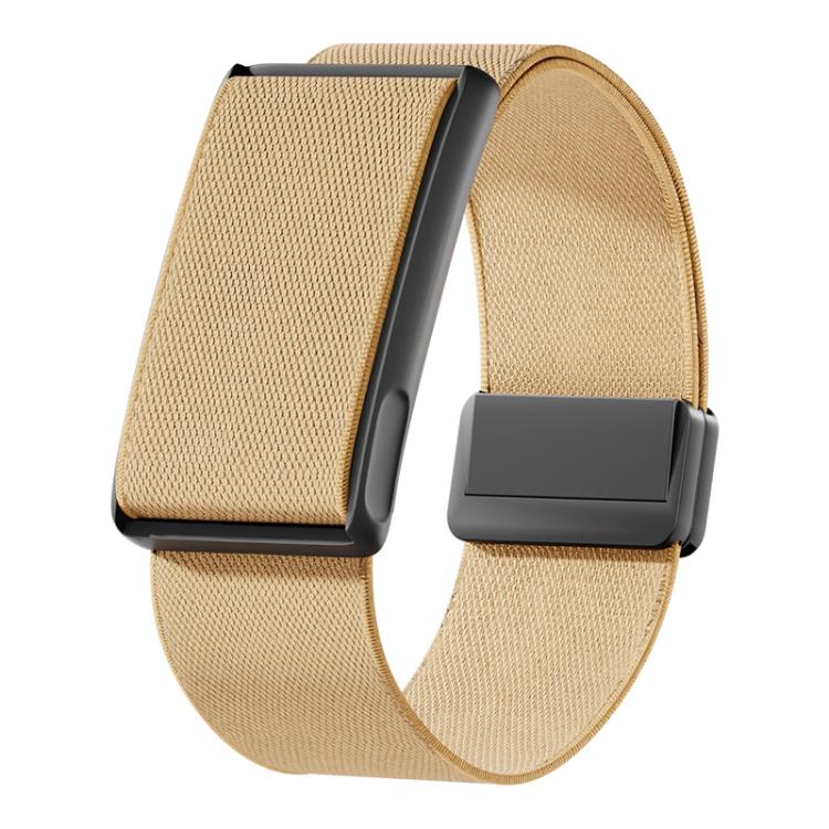 Khaki stretch woven watch band with magnetic clasp and black metal frame