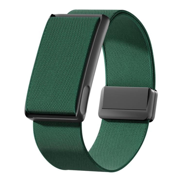 Dark green stretch woven watch band with magnetic clasp and black metal frame