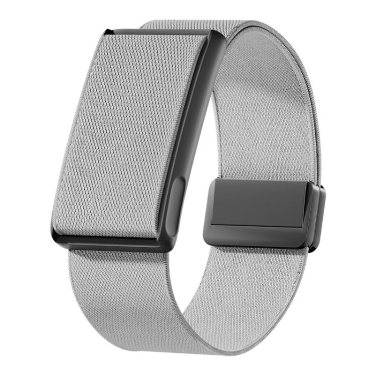 Light gray stretch woven watch band with magnetic clasp and black metal frame